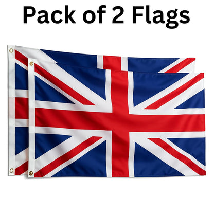 Union Jack Flags Britain UK Flag (PACK OF 2) 5ft x 3ft with Brass Eyelets British UK National Flag for Indoor & Outdoor Use, Parties Festivals Coronation Street Decorations Royal Celebrations,