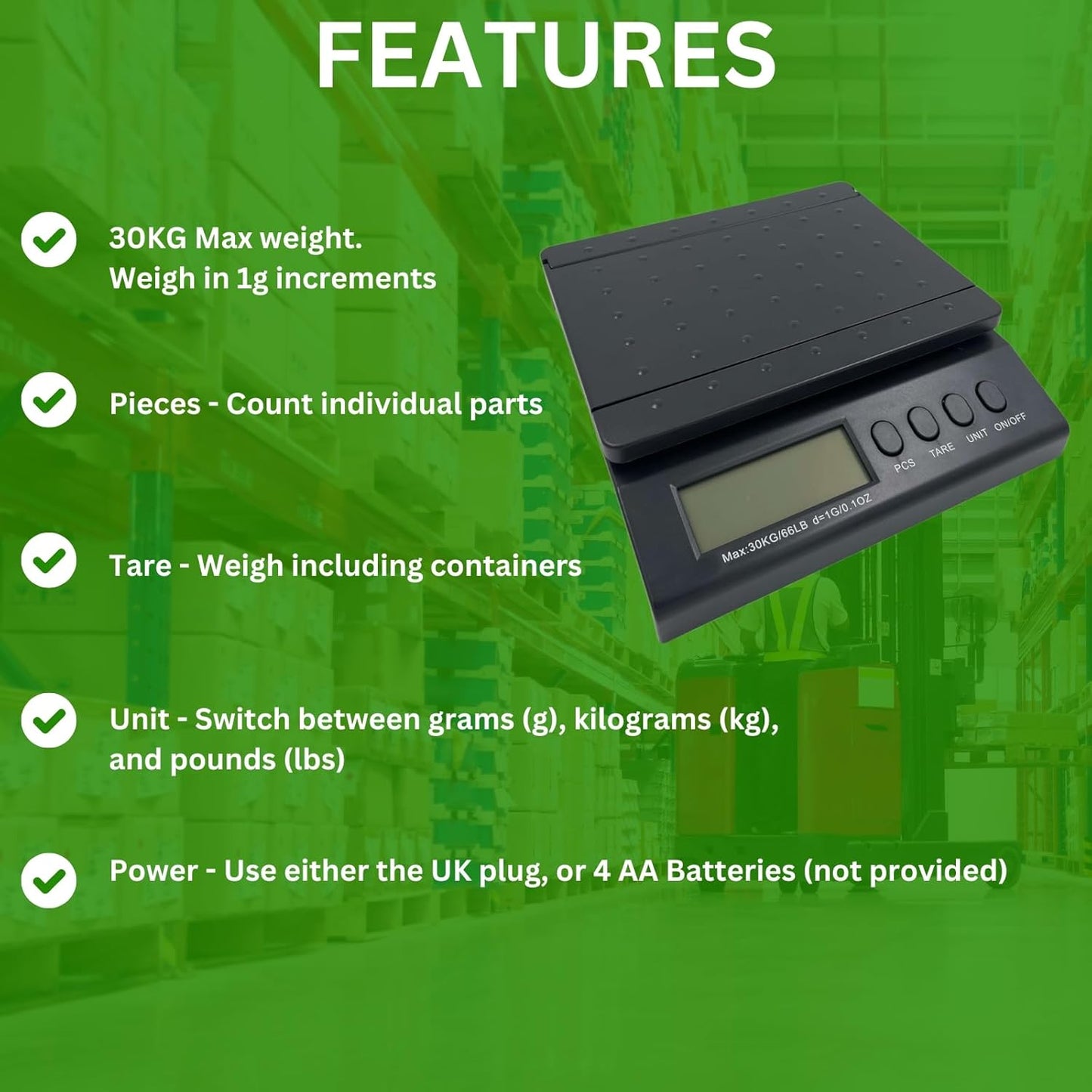 Digital Postal Scale 30KG Scales Large Platform for Parcels and Large Letters Perfect for Small Businesses Unit, Tare and Pieces Functions UK Plug