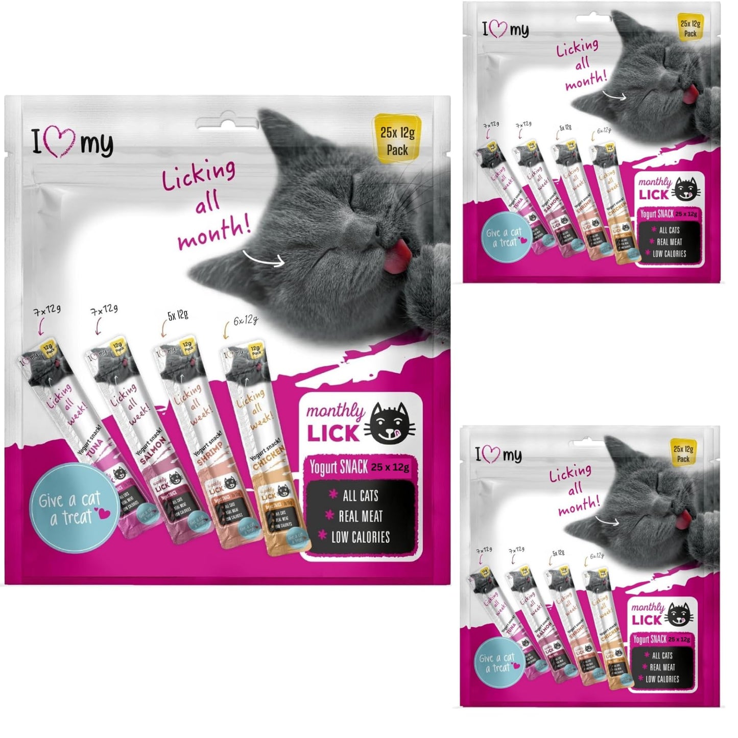 Cat Yoghurt Lickable Treats (75 Pack) Mixed Variety - Chicken, Salmon, Tuna & Shrimp – Creamy Cat Treats Made with Real Meat – 12g Each 4 Flavours