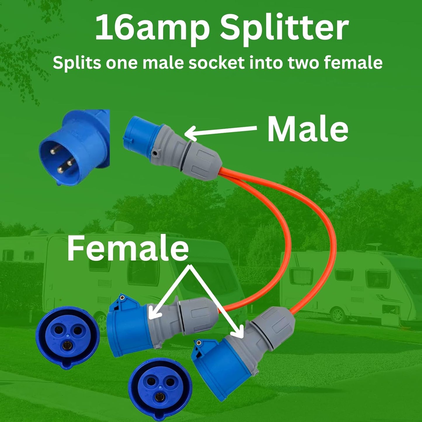 16 Amp Splitter Electric Cable – Male to Female 2 Way Splitter Caravan Hook Up Adapter for Camping, Caravans, Motorhomes, Catering Trailers and Generators 3 Pin Plug