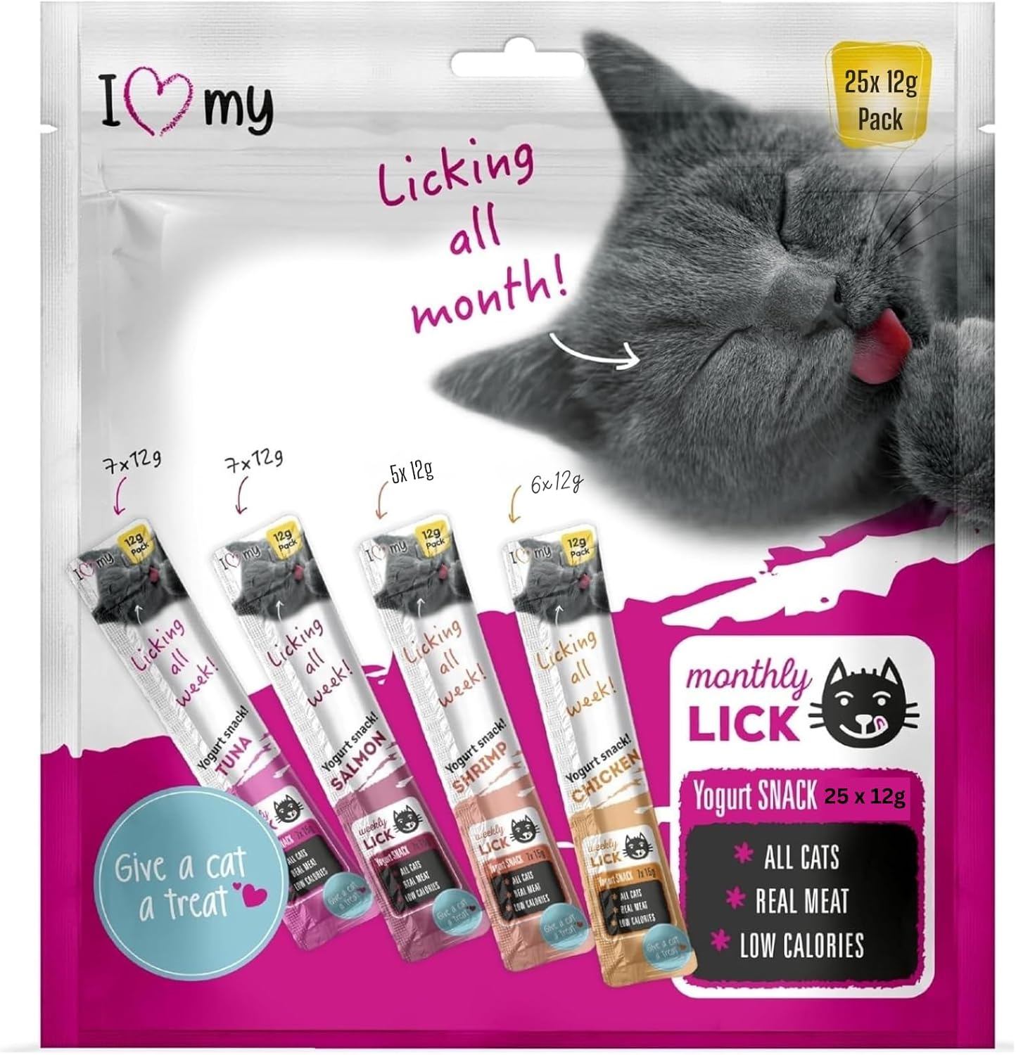 Cat Yoghurt Lickable Treats (25 Pack) Mixed Variety - Chicken, Salmon, Tuna & Shrimp – Creamy Cat Treats Made with Real Meat – 12g Each 4 Flavours