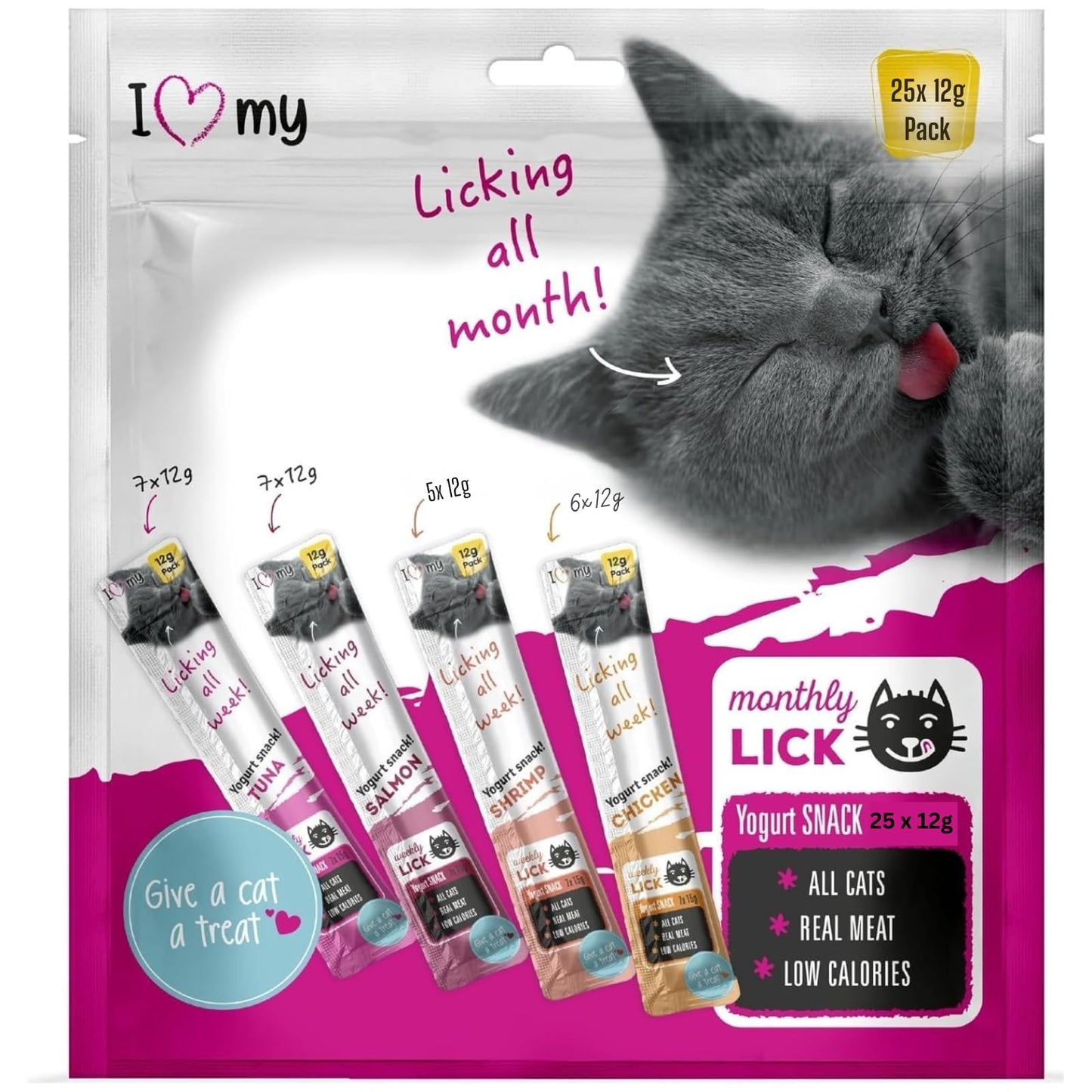 Cat Yoghurt Lickable Treats (75 Pack) Mixed Variety - Chicken, Salmon, Tuna & Shrimp – Creamy Cat Treats Made with Real Meat – 12g Each 4 Flavours