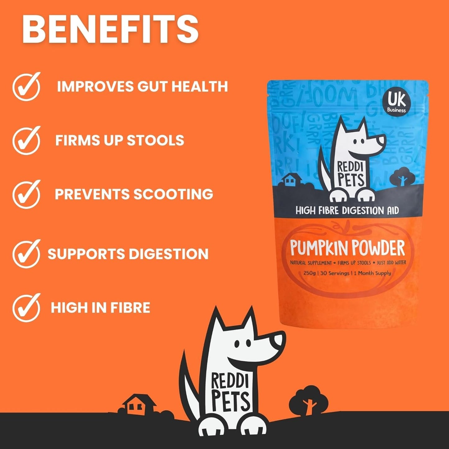 Pumpkin Powder for Dogs - 250g Pumpkin Puree High Fibre Digestive Supplement to Firm Up Stools, Support Gut Health & Sensitive Stomachs, Natural Food Topper,