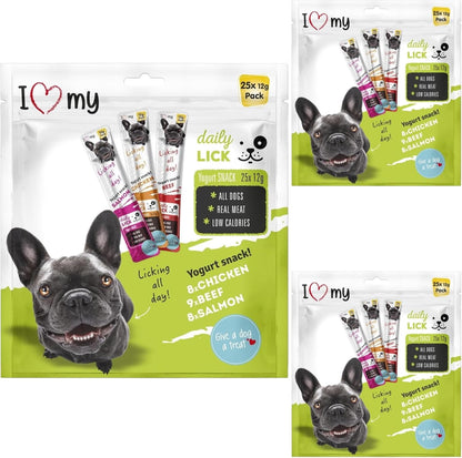 Dog Yoghurt Lickable Treats (75 Pack) Mixed Variety - Beef, Chicken & Salmon – Creamy Dog Treats Made with Real Meat – 12g Each 3 Flavours