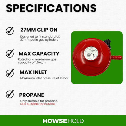 Patio Gas & BBQ Regulator 27mm Clip On Low Pressure BBQ Gas Regulator for Propane Cylinders Quick Release LPG Regulator for Barbecues