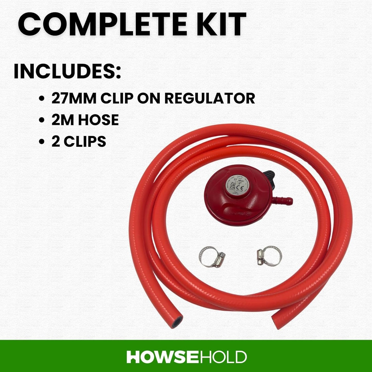 Patio Gas & BBQ Regulator Kit 27mm Clip On with 2m Hose and Clips Low Pressure BBQ Gas Regulator for Propane Cylinders Quick Release LPG Regulator for Barbecues