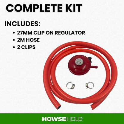 Patio Gas & BBQ Regulator Kit 27mm Clip On with 2m Hose and Clips Low Pressure BBQ Gas Regulator for Propane Cylinders Quick Release LPG Regulator for Barbecues