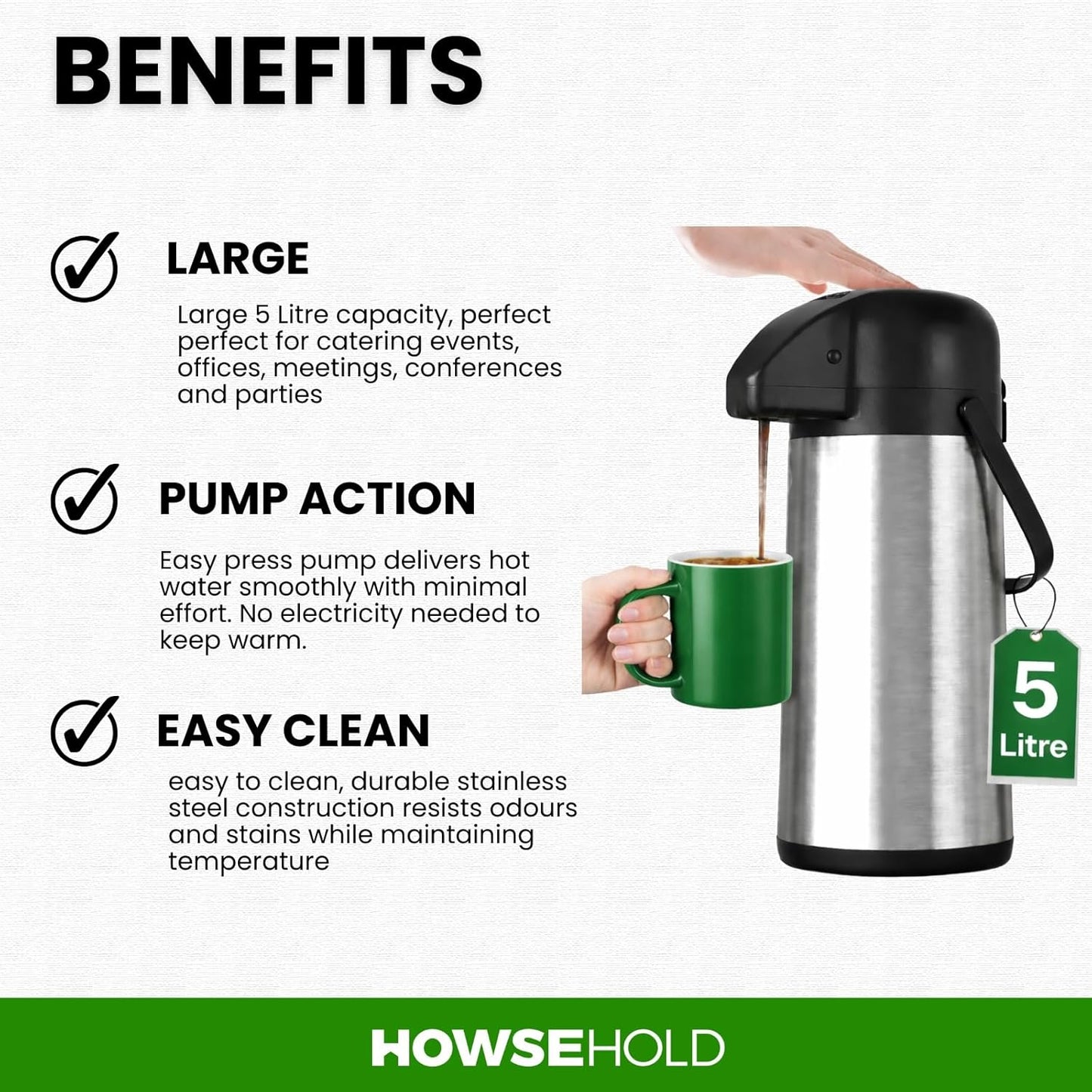 Hot Water Dispenser 5 Litre Thermal Pump Action Flask Carafe, Non Electric Stainless Steel Hot Water Dispenser for Tea & Coffee, Insulated Hot Drinks Dispenser for Catering, Events & Office Use
