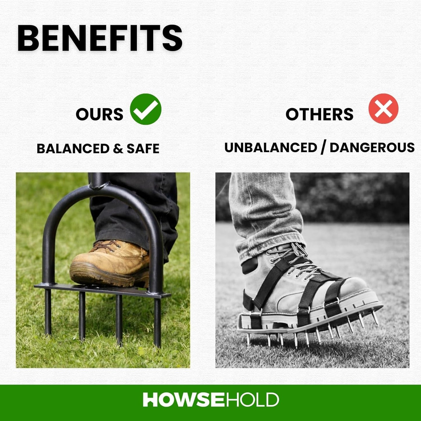 HowseHold Manual Spike Lawn Aerator Tool, Heavy Duty Steel, T-Handle with Foot Plate, for Grass and Garden, Compacted Lawns, Healthy Lawn Growth