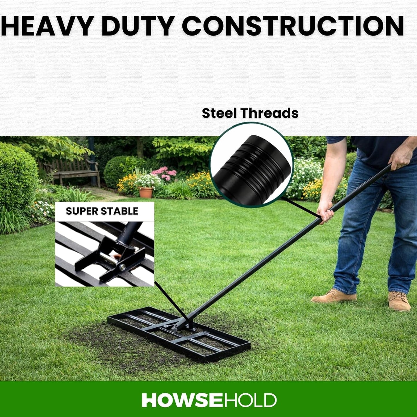 Large Lawn Levelling Rake, Heavy Duty Lawn Leveler Tool, 76cm x 190cm, Wide Ground Plate with Long Handle for Garden Soil, Grass, Top Dressing, Sand Levelling
