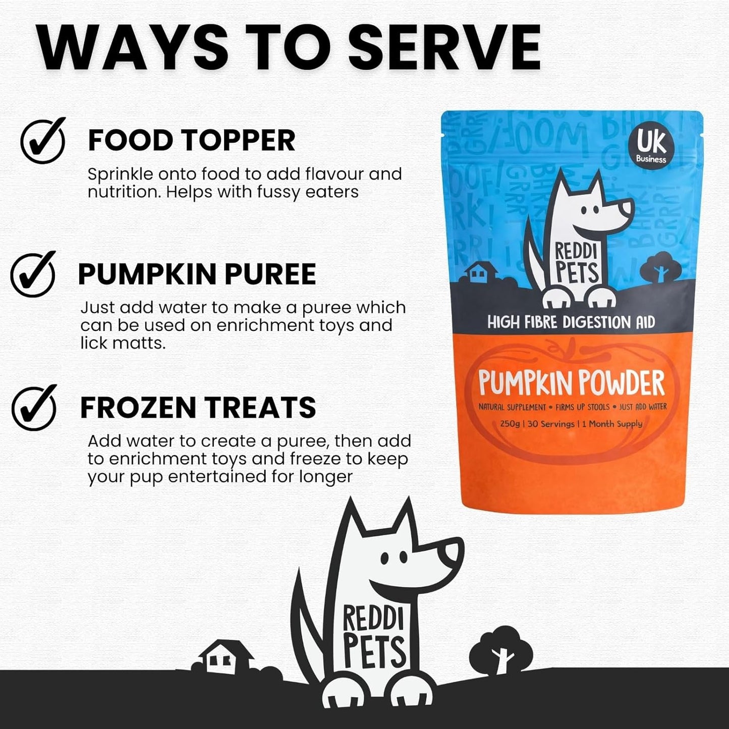 Pumpkin Powder for Dogs - 250g Pumpkin Puree High Fibre Digestive Supplement to Firm Up Stools, Support Gut Health & Sensitive Stomachs, Natural Food Topper,