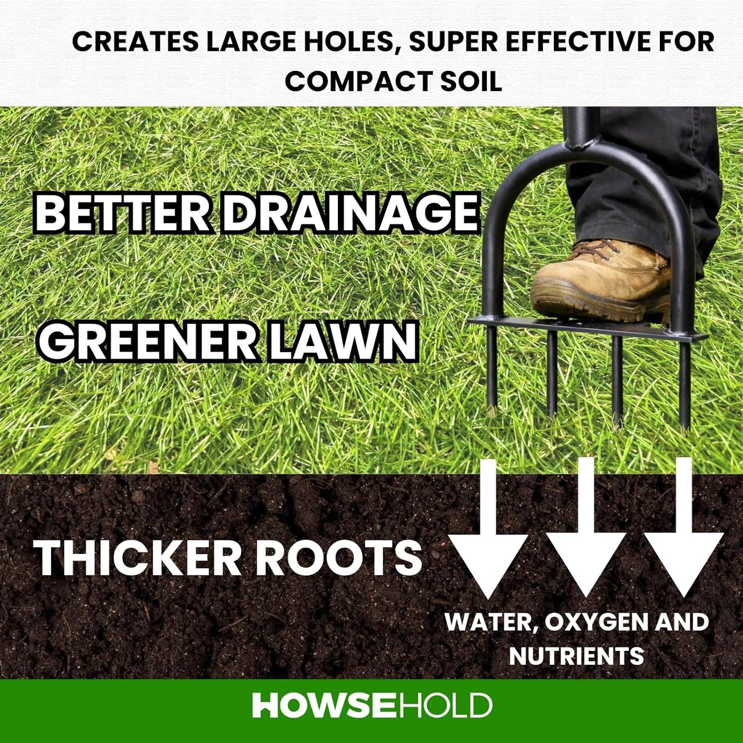 HowseHold Manual Spike Lawn Aerator Tool, Heavy Duty Steel, T-Handle with Foot Plate, for Grass and Garden, Compacted Lawns, Healthy Lawn Growth