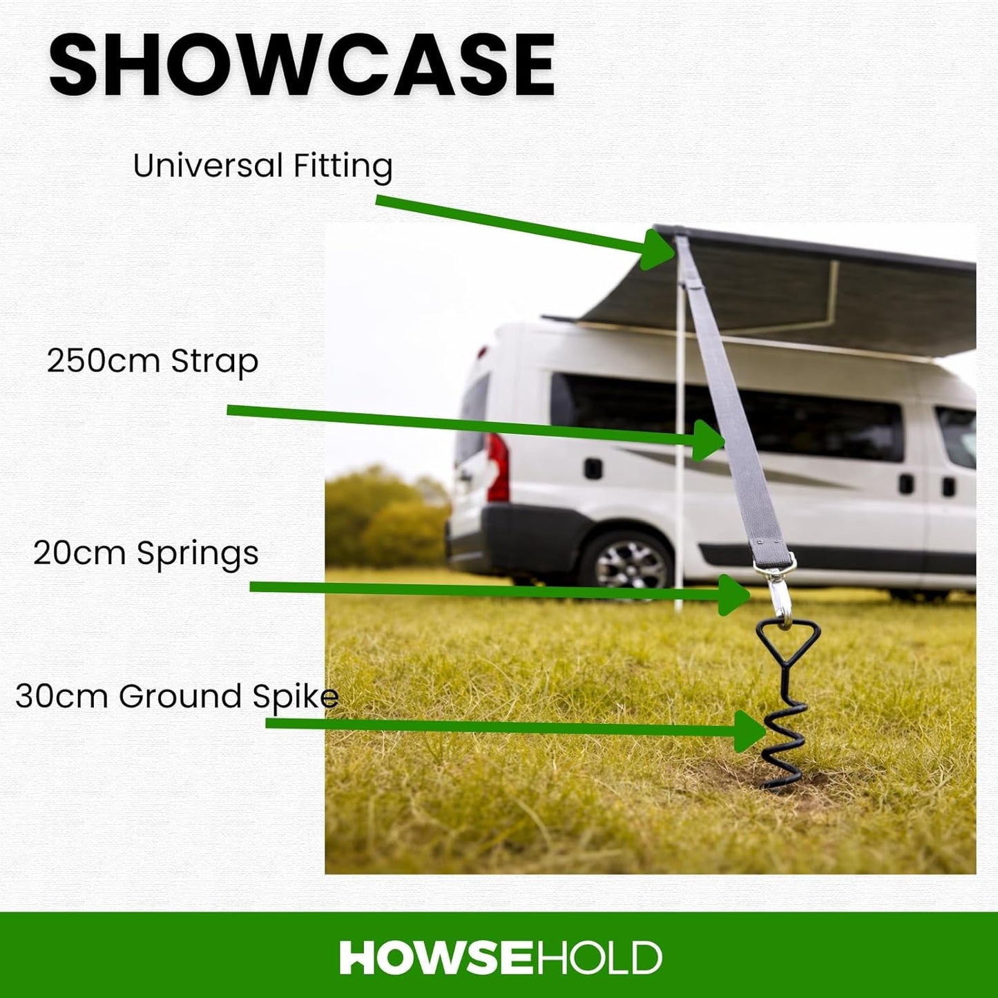 Awning Tie Down Kit Universal Storm Staps for Caravan, Camper and Motorhome Awnings Adjustable Tie-Down Fastening System with Spiral Ground Pegs, Shock Absorbing Springs & Durable Buckles