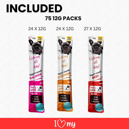 Dog Yoghurt Lickable Treats (75 Pack) Mixed Variety - Beef, Chicken & Salmon – Creamy Dog Treats Made with Real Meat – 12g Each 3 Flavours