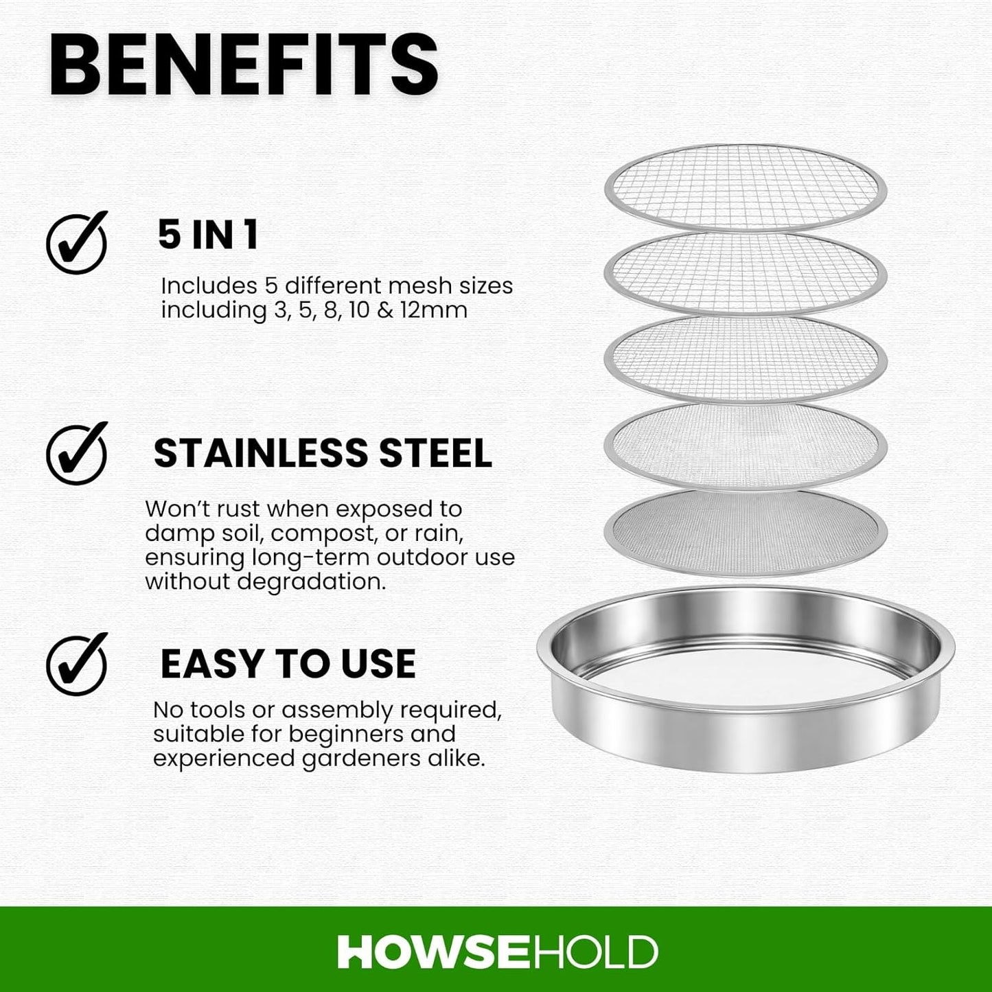 HowseHold Garden Sieve for Soil and Stones 5 in 1 Metal Soil Shifter with Interchangeable Mesh Sizes 3mm - 12mm