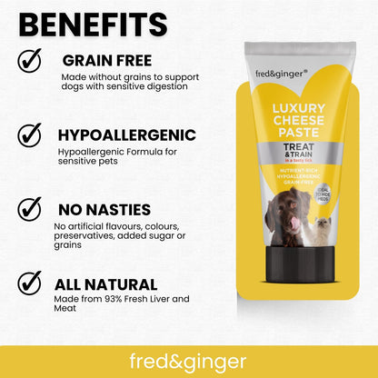 Cheese Paste Tube Treats for Dogs and Cats 75g (Pack of 6) Grain Free, Hypoallergenic Ideal Treat for Training, Walks, Recall, Medication & Rewarding Your Pet