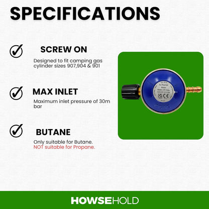 HowseHold 30mbar Butane Gas Regulator with 2m Hose and Clips, for 901 904 907 Cylinders, Tap Control, Camping, BBQ, Caravan