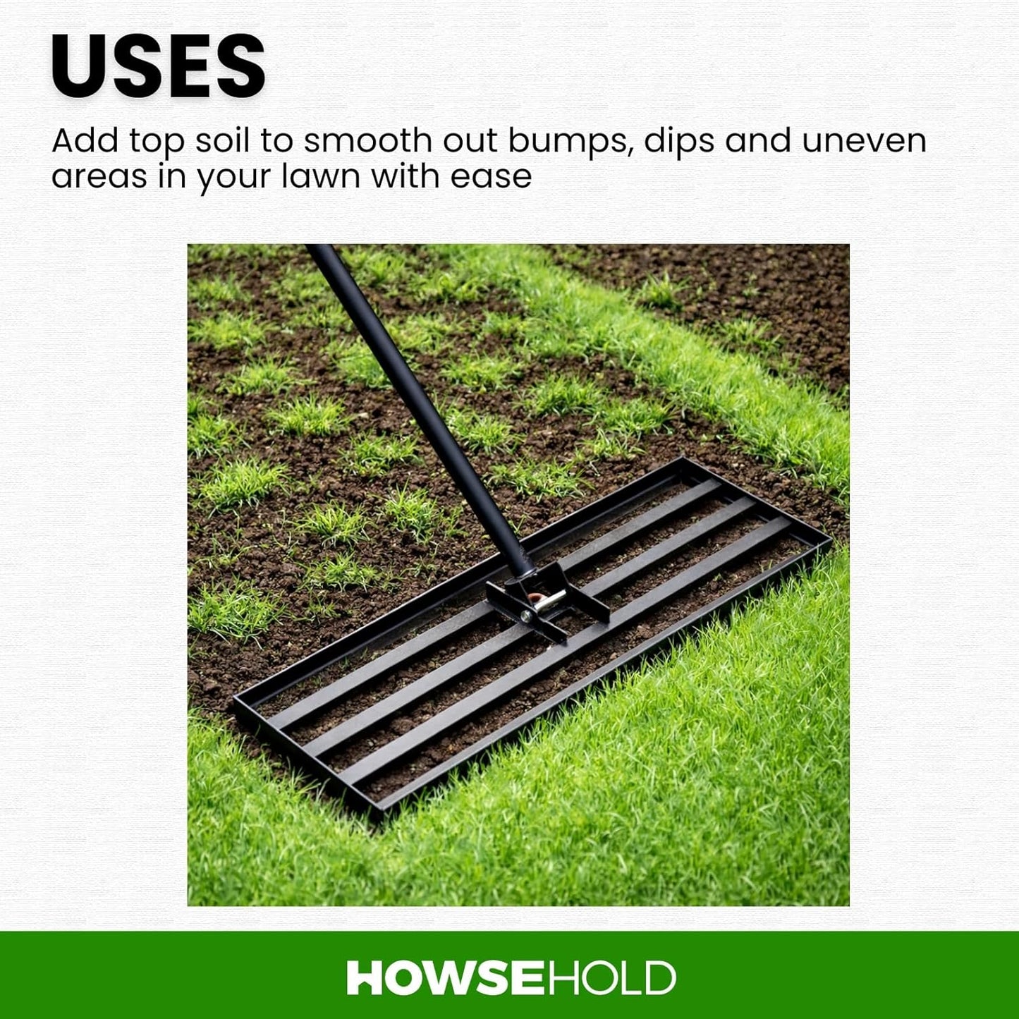 Large Lawn Levelling Rake, Heavy Duty Lawn Leveler Tool, 76cm x 190cm, Wide Ground Plate with Long Handle for Garden Soil, Grass, Top Dressing, Sand Levelling