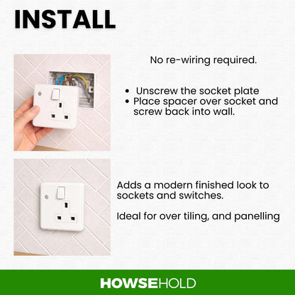 1-Gang 10mm White Single Socket or Switch Spacer (Pack of 4) Wall Box Extender for Tiled or Panelled Surfaces