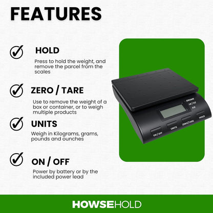 Digital Postal Scale, Electronic Weighing Scale with LCD Display, Multiple Units (Grams, Kilograms, Pounds, Ounces), Zero/Tare Function, Hold Feature, Up to 36 KG Capacity, Black