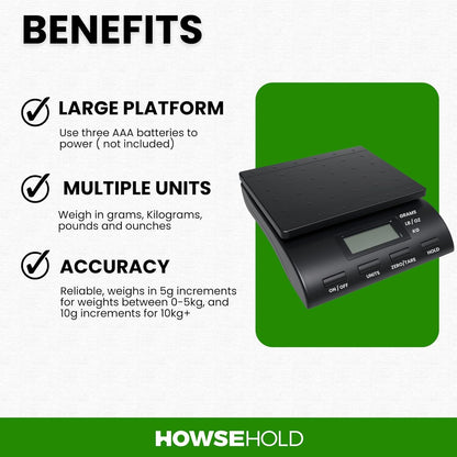 Digital Postal Scale, Electronic Weighing Scale with LCD Display, Multiple Units (Grams, Kilograms, Pounds, Ounces), Zero/Tare Function, Hold Feature, Up to 36 KG Capacity, Black