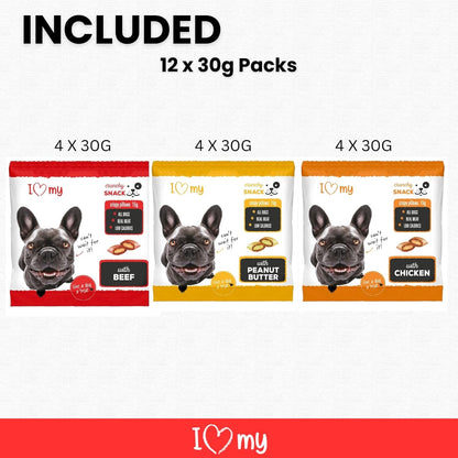 Dog Training Treats (12 x 30g Packs) Individually Packed Tasty Mini Dog Biscuits Chicken, Beef and Peanut Butter Flavoured Real Meat Treats