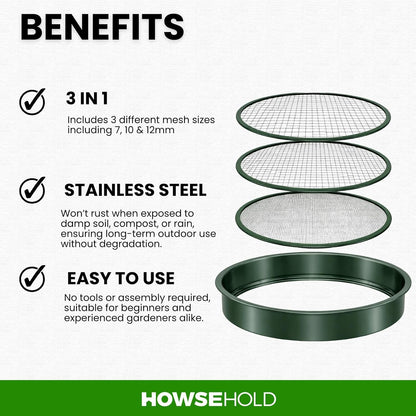 HowseHold Garden Sieve for Soil and Stones 3 in 1 Metal Soil Shifter with Interchangeable Mesh Sizes 7mm, 10mm and 12mm