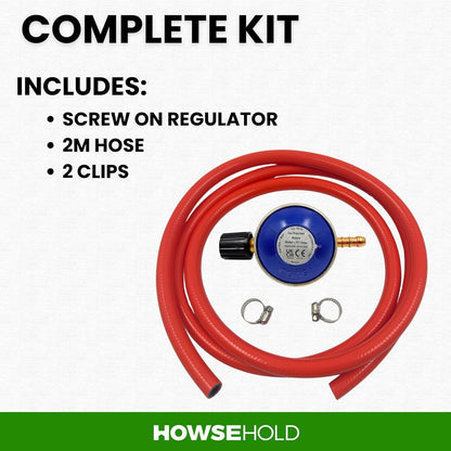 HowseHold 30mbar Butane Gas Regulator with 2m Hose and Clips, for 901 904 907 Cylinders, Tap Control, Camping, BBQ, Caravan