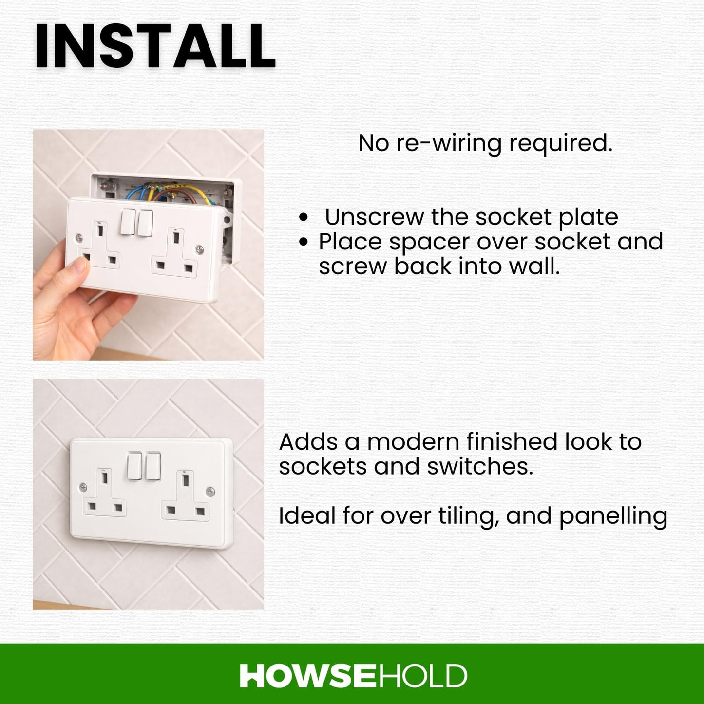 2-Gang 10mm White Double Socket Spacer (Pack of 3) Wall Box Extender for Tiled or Panelled Surfaces