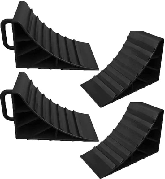 Wheel Chocks With Handles Set of 4 Tyre Saver Brake Stoppers Ridged Wedges for Cars Caravan Horsebox Motorhome (4 Black Wheel Chocks)