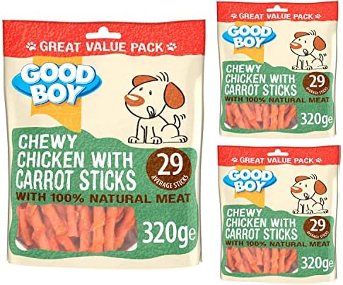 Chewy Chicken with Carrot Sticks for Dogs - Bundle of 3 320g Good Boy Natural Chicken Breast Meat Treats