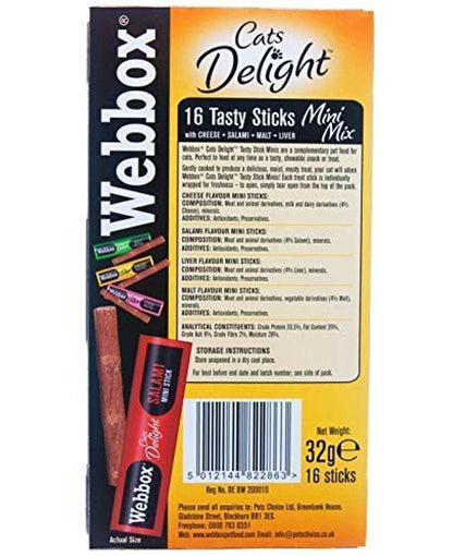 Webbox Cat Delight Treat Sticks Mini Mix Assorted Chews  Healthy Natural Pet Food Snack for Kitten Wellness, 16 Dry Sticks (Pack of 10)