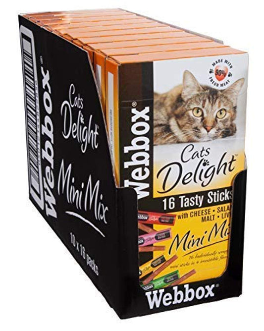 Webbox Cat Delight Treat Sticks Mini Mix Assorted Chews  Healthy Natural Pet Food Snack for Kitten Wellness, 16 Dry Sticks (Pack of 10)