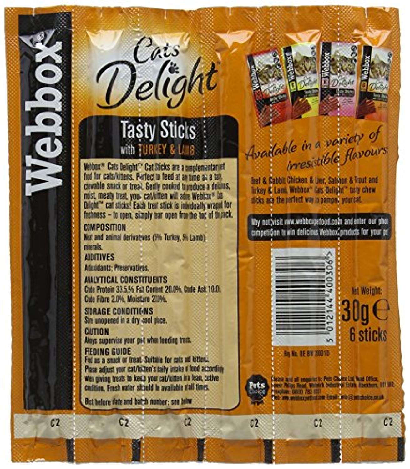 Webbox Delight Cat Sticks Turkey and Lamb, 30 g, Pack of 12